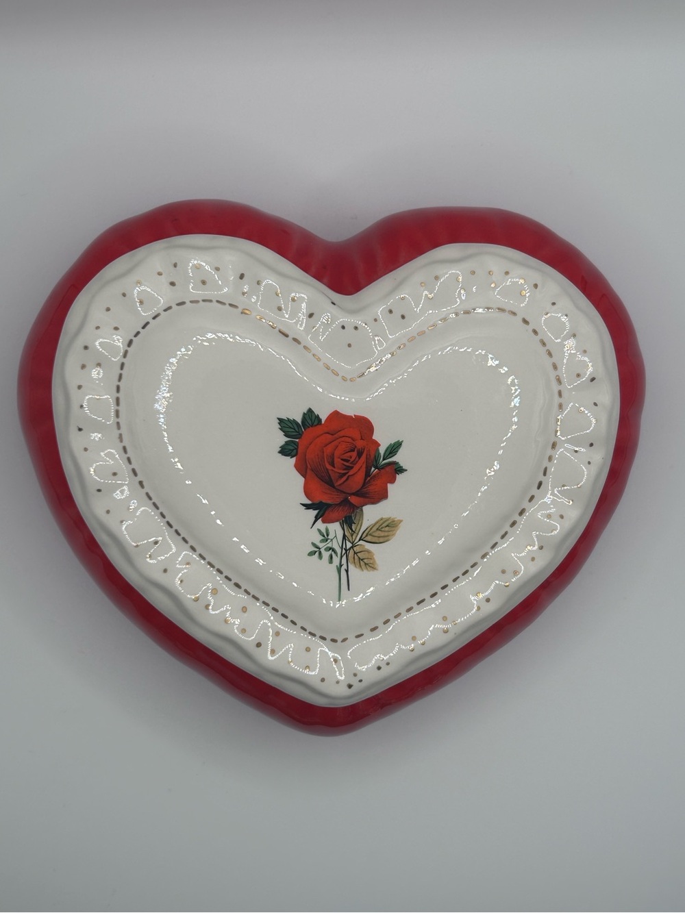 Vintage 1980s Heart Trinket Box | Red Rose Ceramic Jewelry Box (Cottagecore)